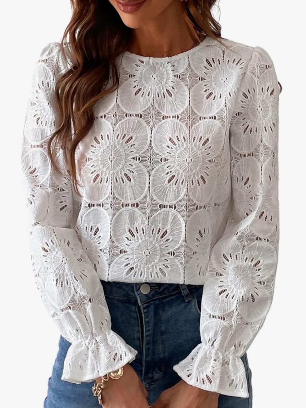 Women’s White Floral Lace Blouse Size S Long Sleeve Cottagecore Romantic Top